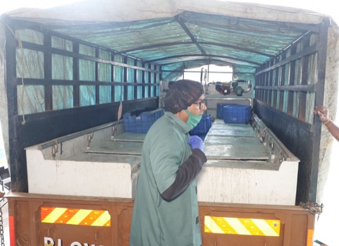 Transporting live-harvested shrimp in oxygenated tanks in a truck of Ishi Feeds Pvt Ltd