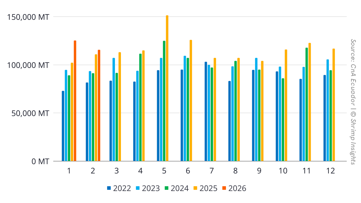 Ecuador’s Monthly Shrimp Exports (January 2022 – February 2026)