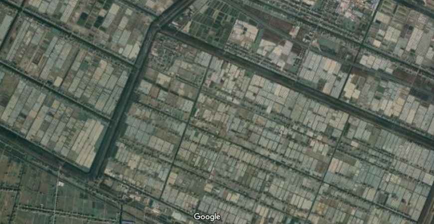 Large area of small greenhouse shrimp farms in Rudong, Jiangsu