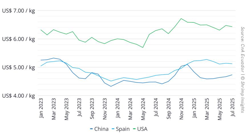 Average Export Value per Kilogram of Ecuadorian Shrimp to China, USA, and Spain (January 2023 – July 2025)