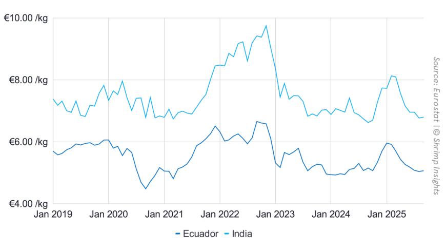 Average Import Value of Raw Penaeus Shrimp from India and Ecuador into the EU (January 2019 – September 2025)