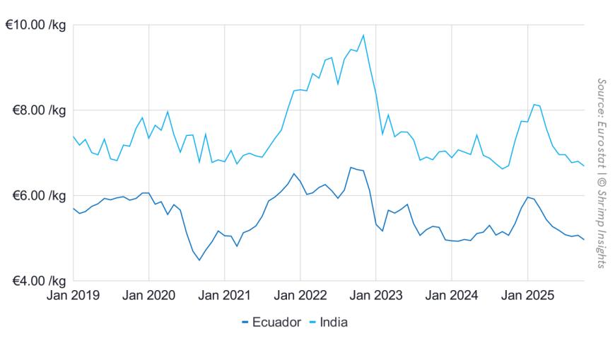 Average Import Value of Raw Penaeus Shrimp from India and Ecuador into the EU (January 2019 – October 2025)