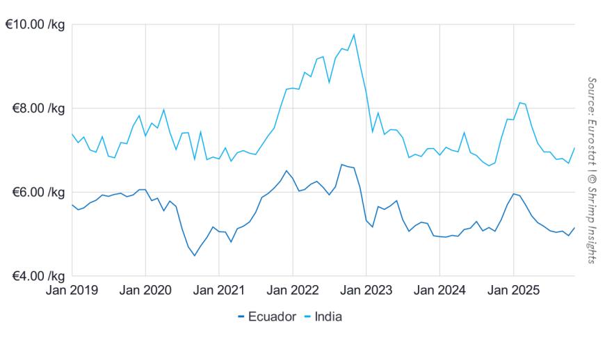 Average Import Value of Raw Penaeus Shrimp from India and Ecuador into the EU (January 2019 – November 2025)