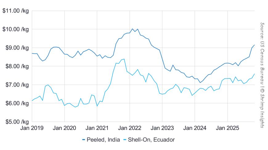Average Import Price of Shrimp from Ecuador and India to the US (January 2019 – November 2025)