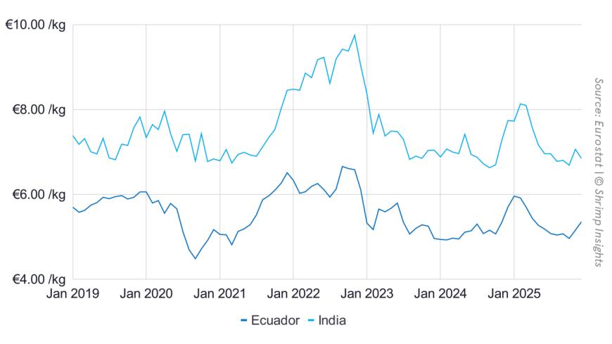 Average Import Value of Raw Penaeus Shrimp from India and Ecuador into the EU (January 2019 – December 2025)