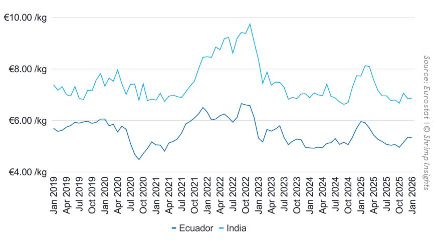 Average Import Value of Raw Penaeus Shrimp from India and Ecuador into the EU (January 2019 – January 2026)